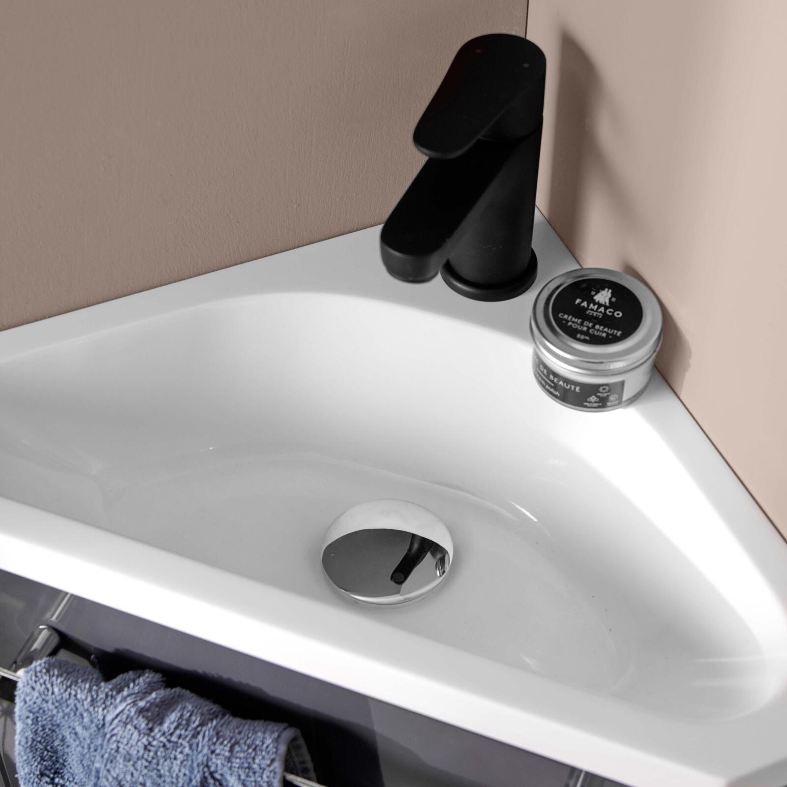 Ensemble meuble lave-mains d'angle décor chêne vasque noire SKINO avec robinet noir
