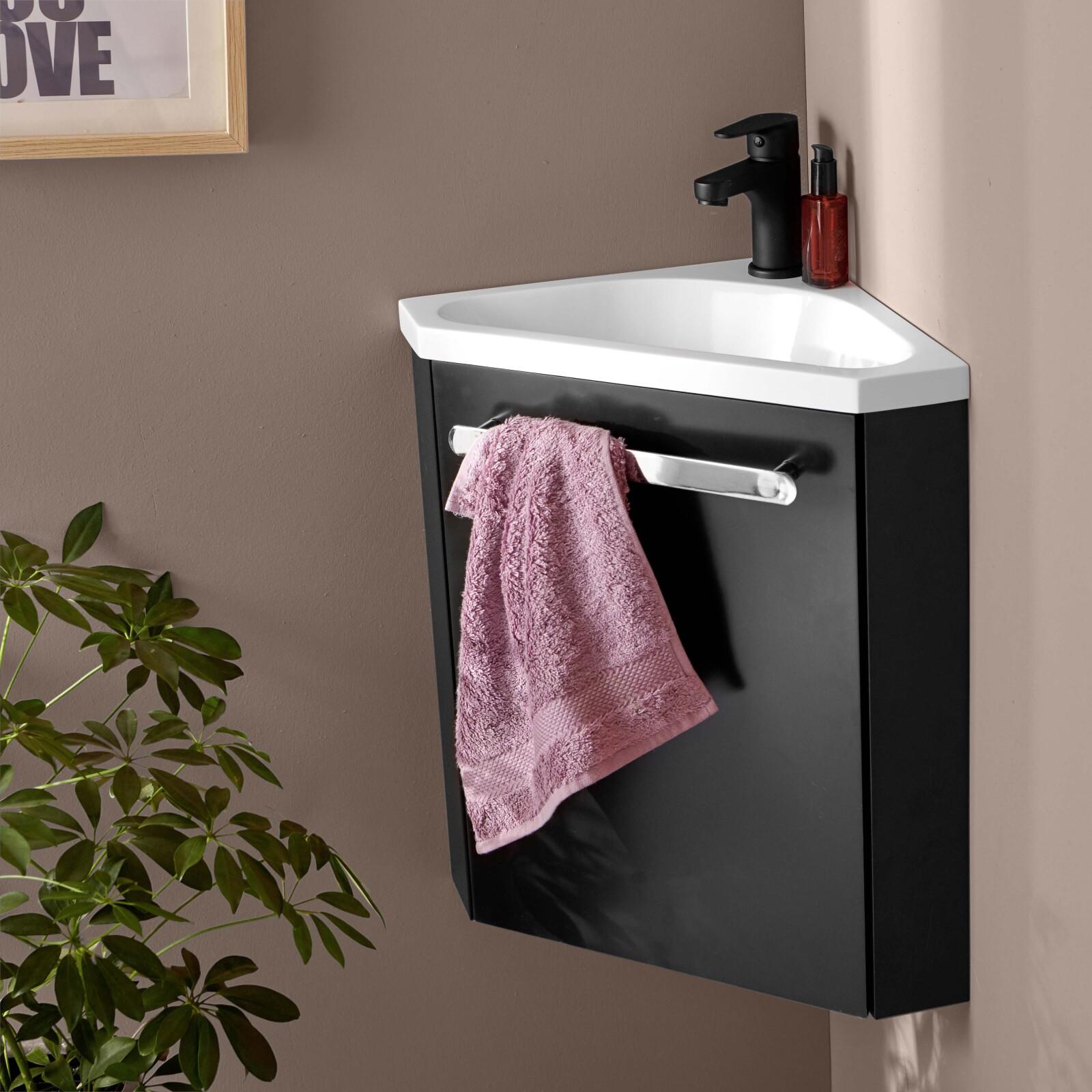 Ensemble meuble lave-mains d'angle décor chêne vasque noire SKINO avec robinet noir