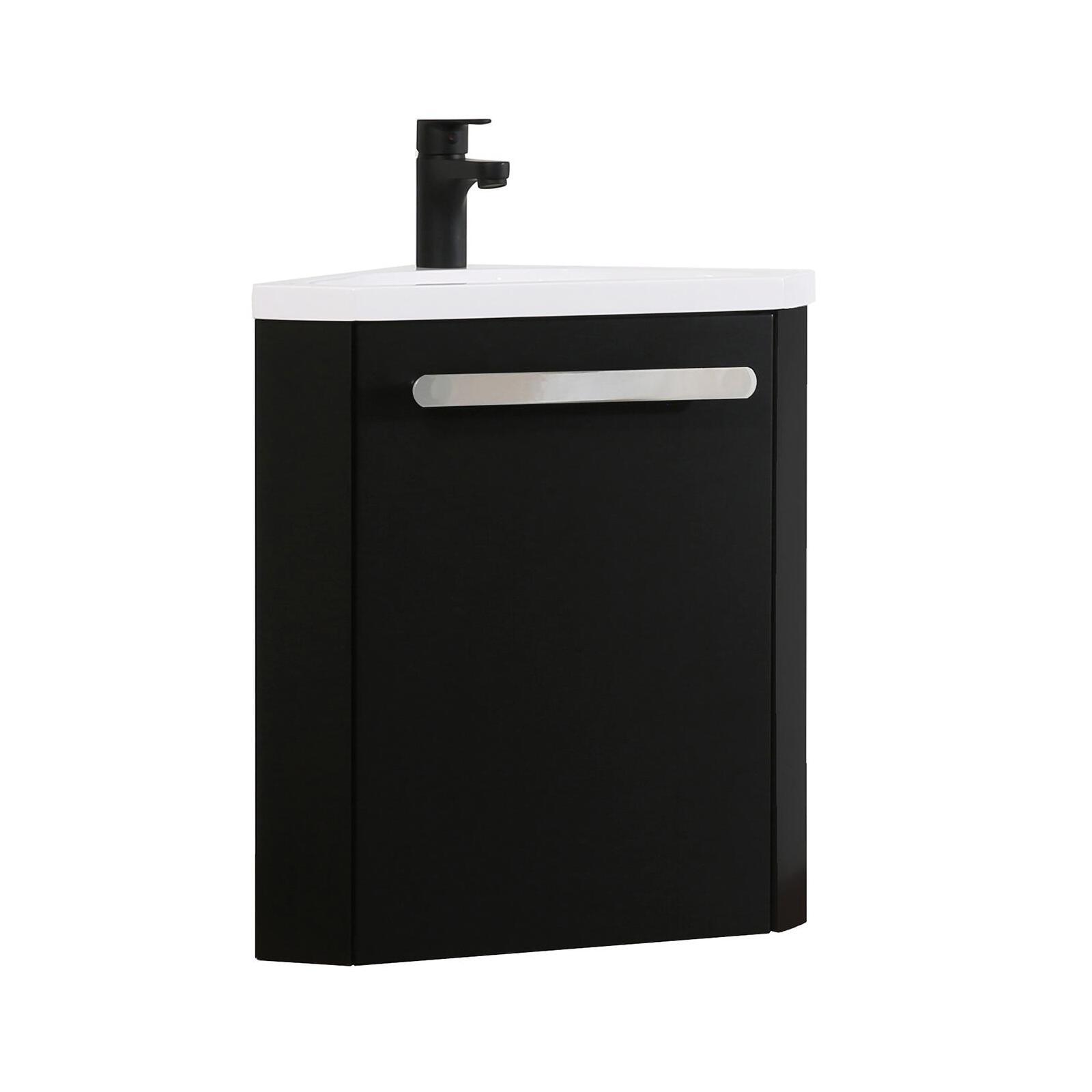 Ensemble meuble lave-mains d'angle décor chêne vasque noire SKINO avec robinet noir