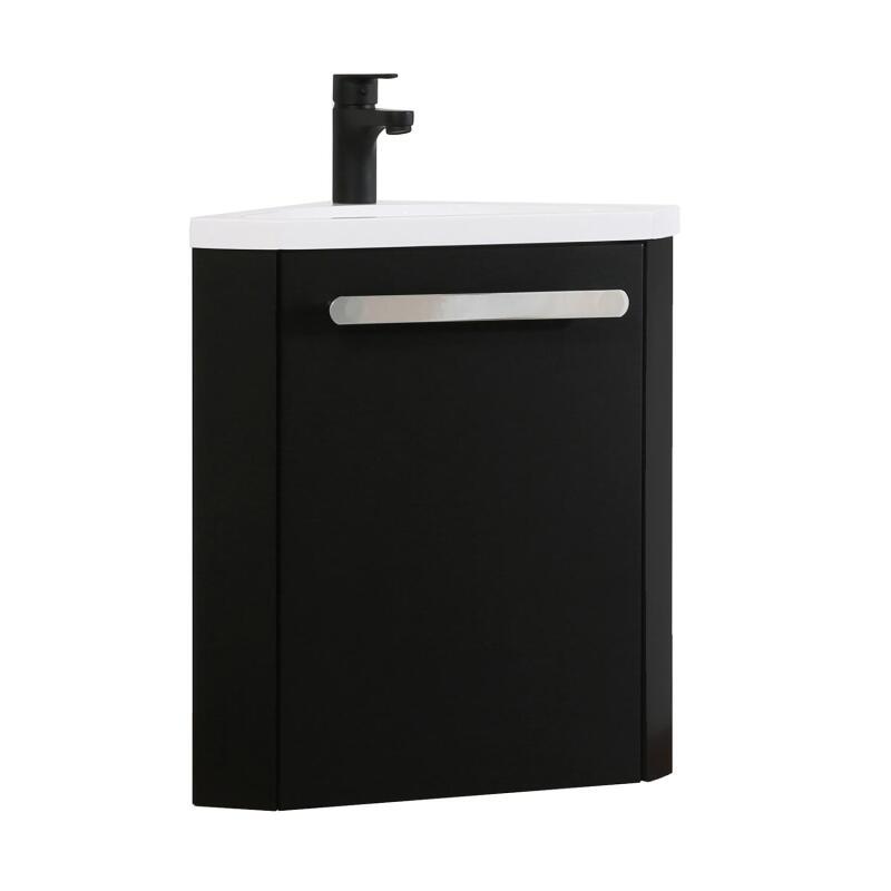 Ensemble meuble lave-mains d'angle décor chêne vasque noire SKINO avec robinet noir