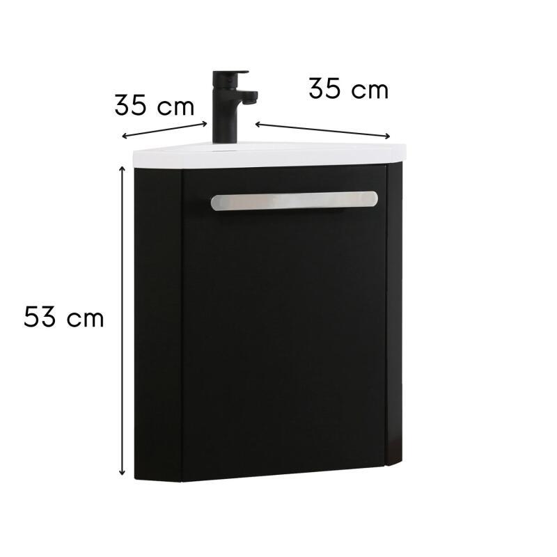 Ensemble meuble lave-mains d'angle décor chêne vasque noire SKINO avec robinet noir