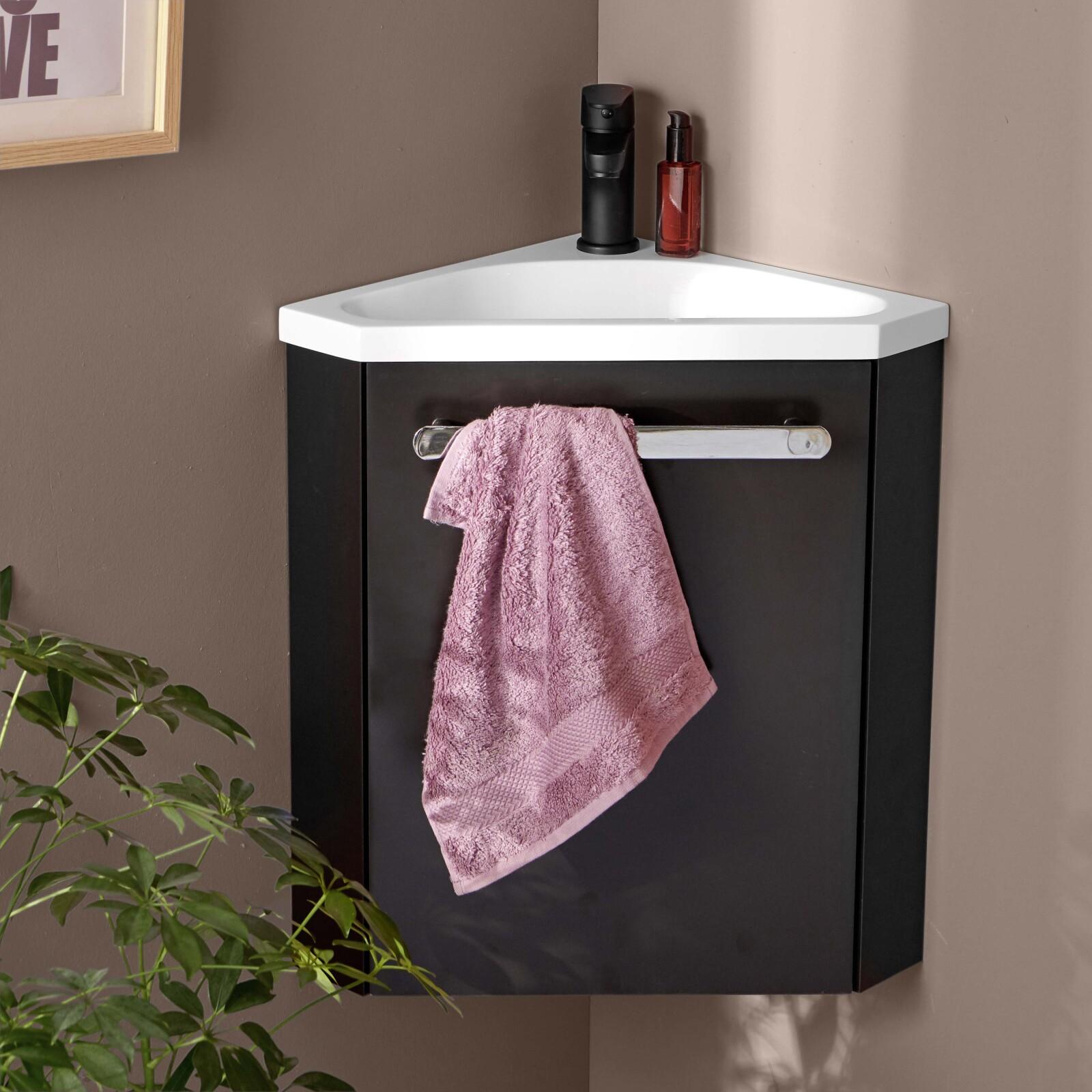 Ensemble meuble lave-mains d'angle décor chêne vasque noire SKINO avec robinet noir