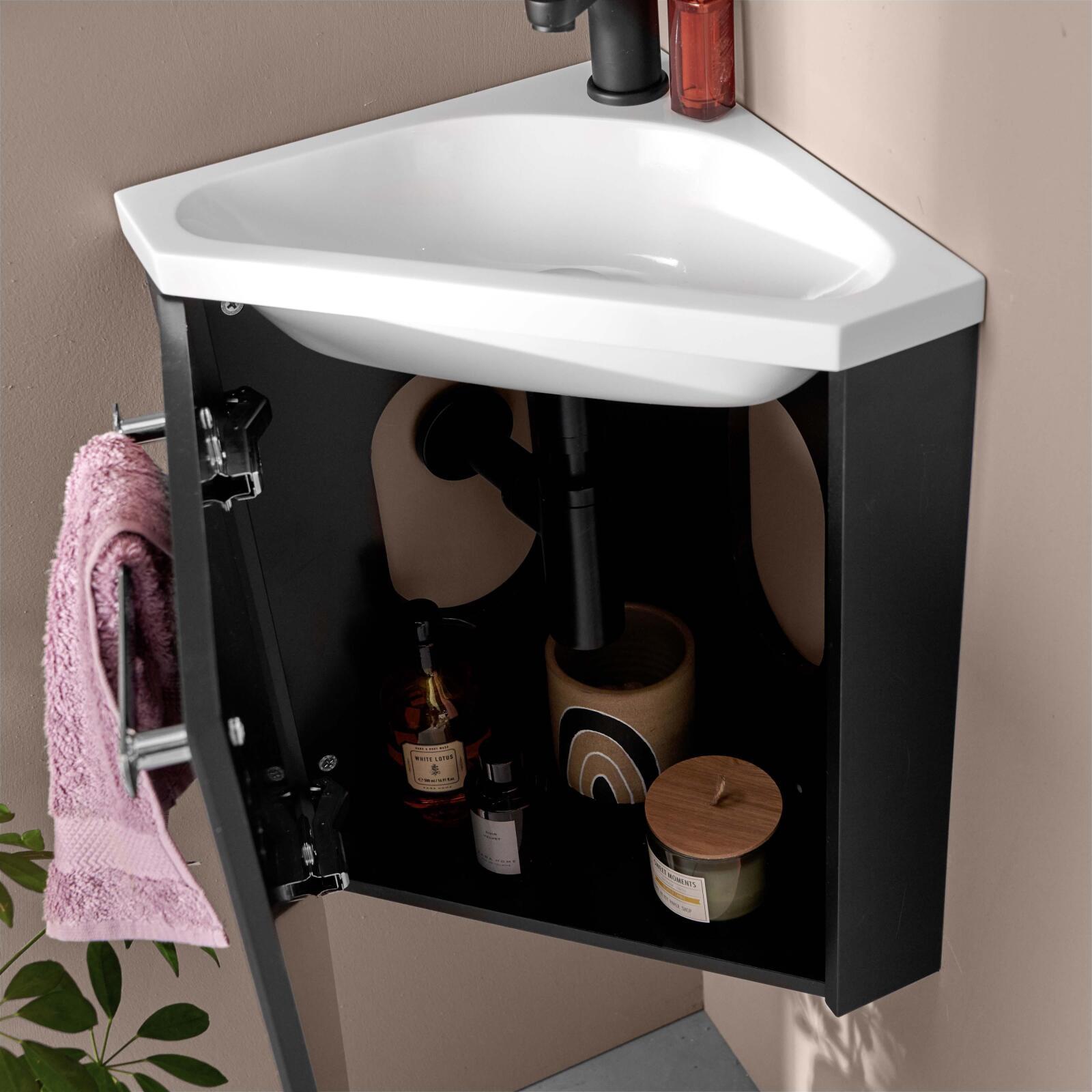 Ensemble meuble lave-mains d'angle décor chêne vasque noire SKINO avec robinet noir
