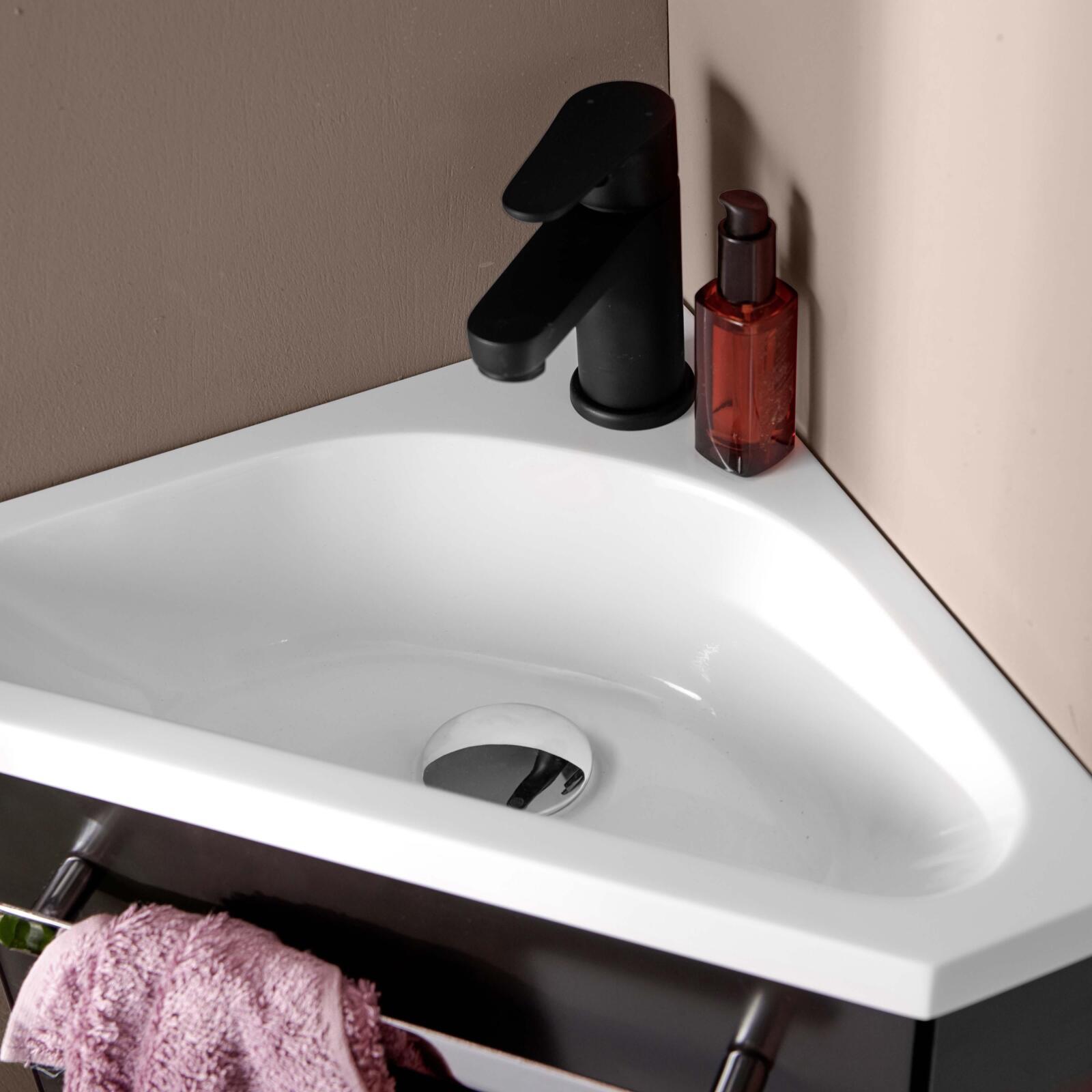 Ensemble meuble lave-mains d'angle décor chêne vasque noire SKINO avec robinet noir