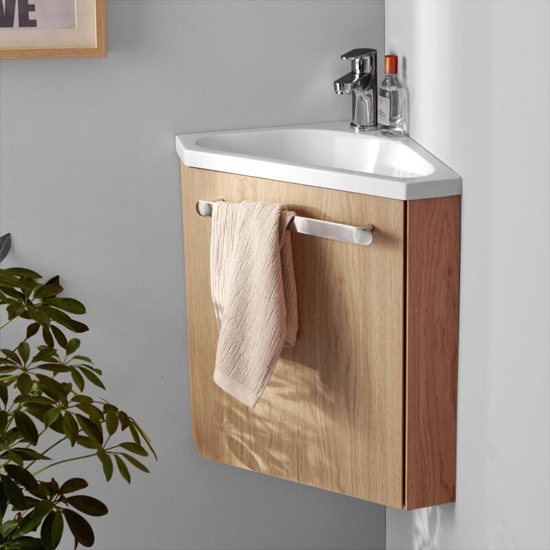 Ensemble meuble lave-mains d'angle blanc SKINO avec robinet chromé