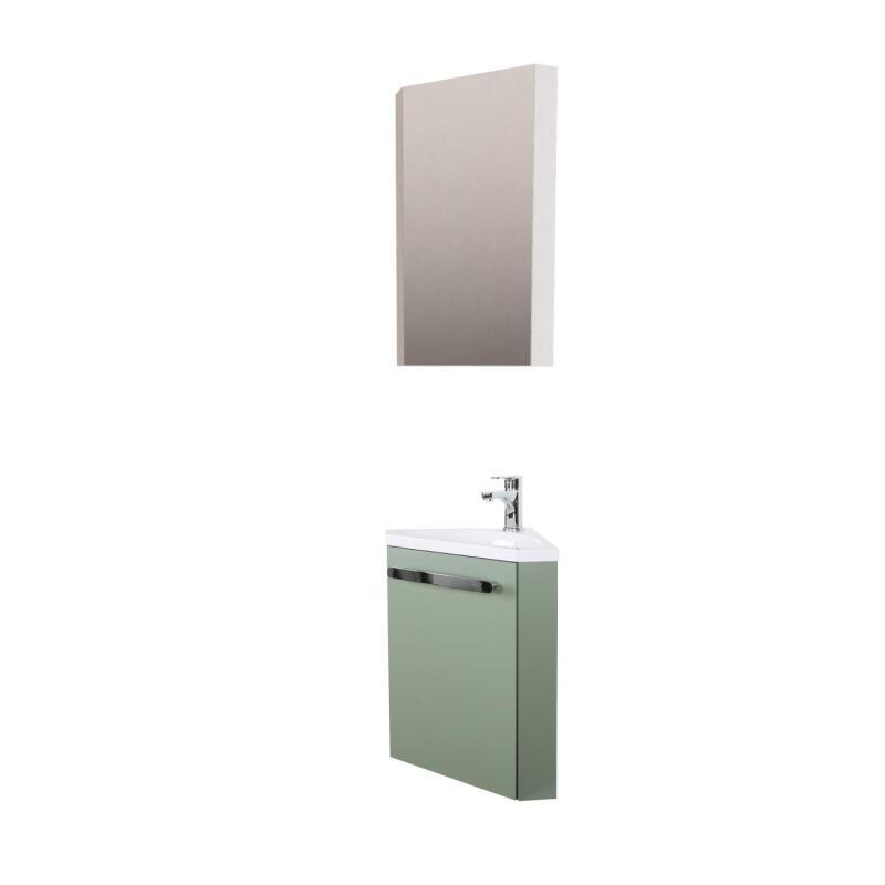 Ensemble lave-mains angle décor chêne + vasque + armoire toilette d'angle