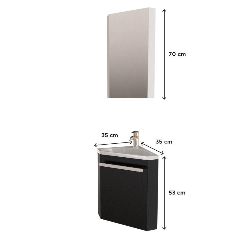 Ensemble lave-mains angle noir + vasque + robinet + armoire toilette d'angle