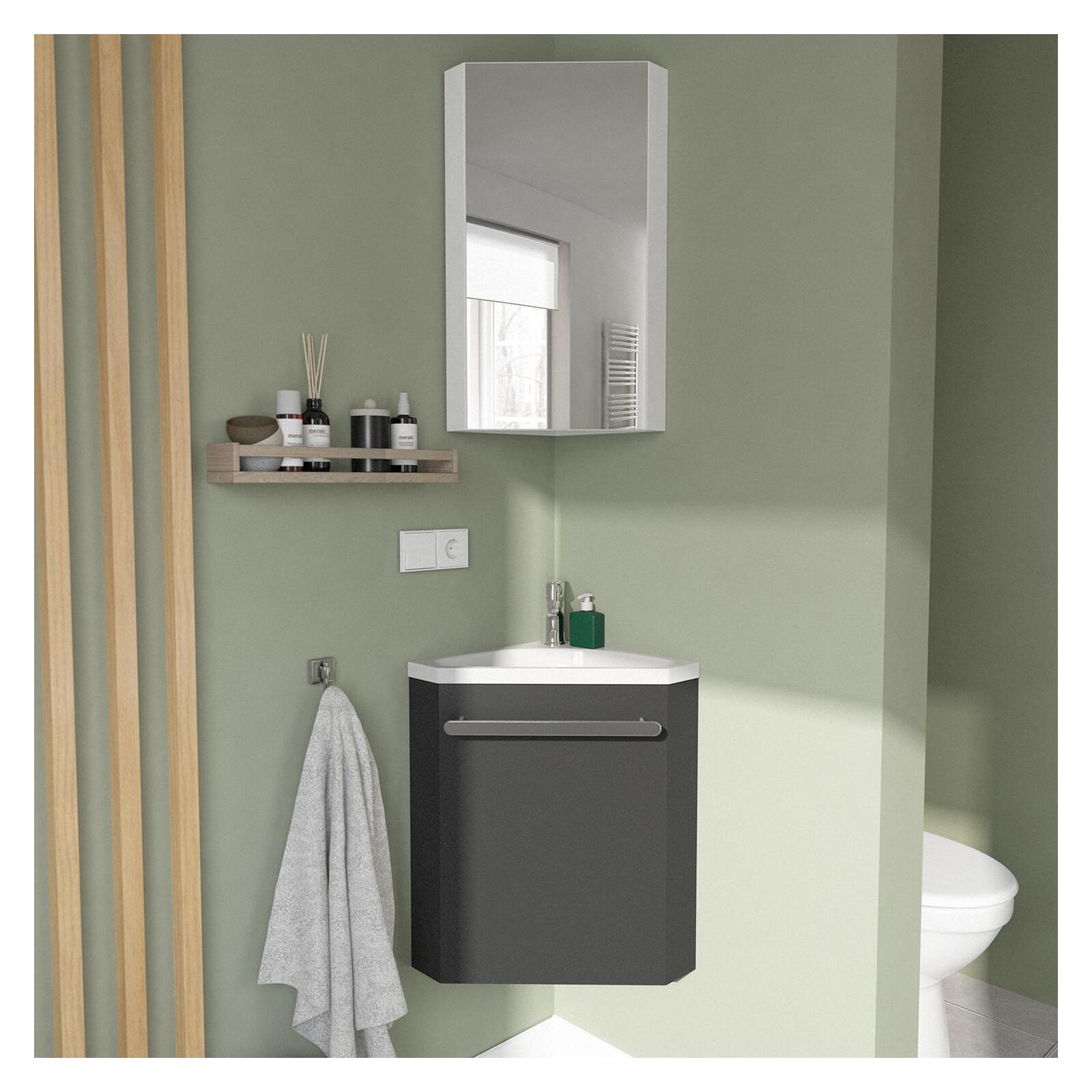 Ensemble lave-mains angle noir + vasque + robinet  + armoire toilette d'angle