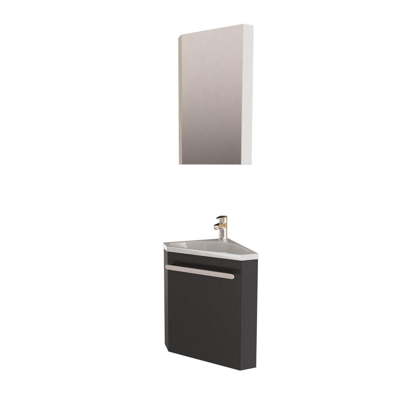 Ensemble lave-mains angle noir + vasque + robinet  + armoire toilette d'angle