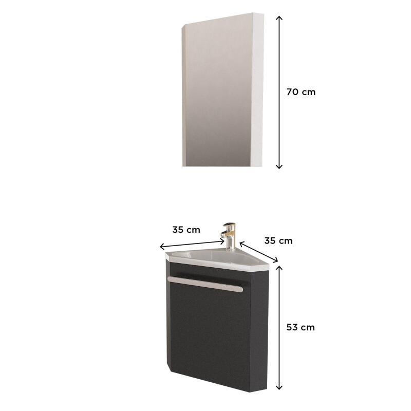 Ensemble lave-mains angle noir + vasque + robinet + armoire toilette d'angle