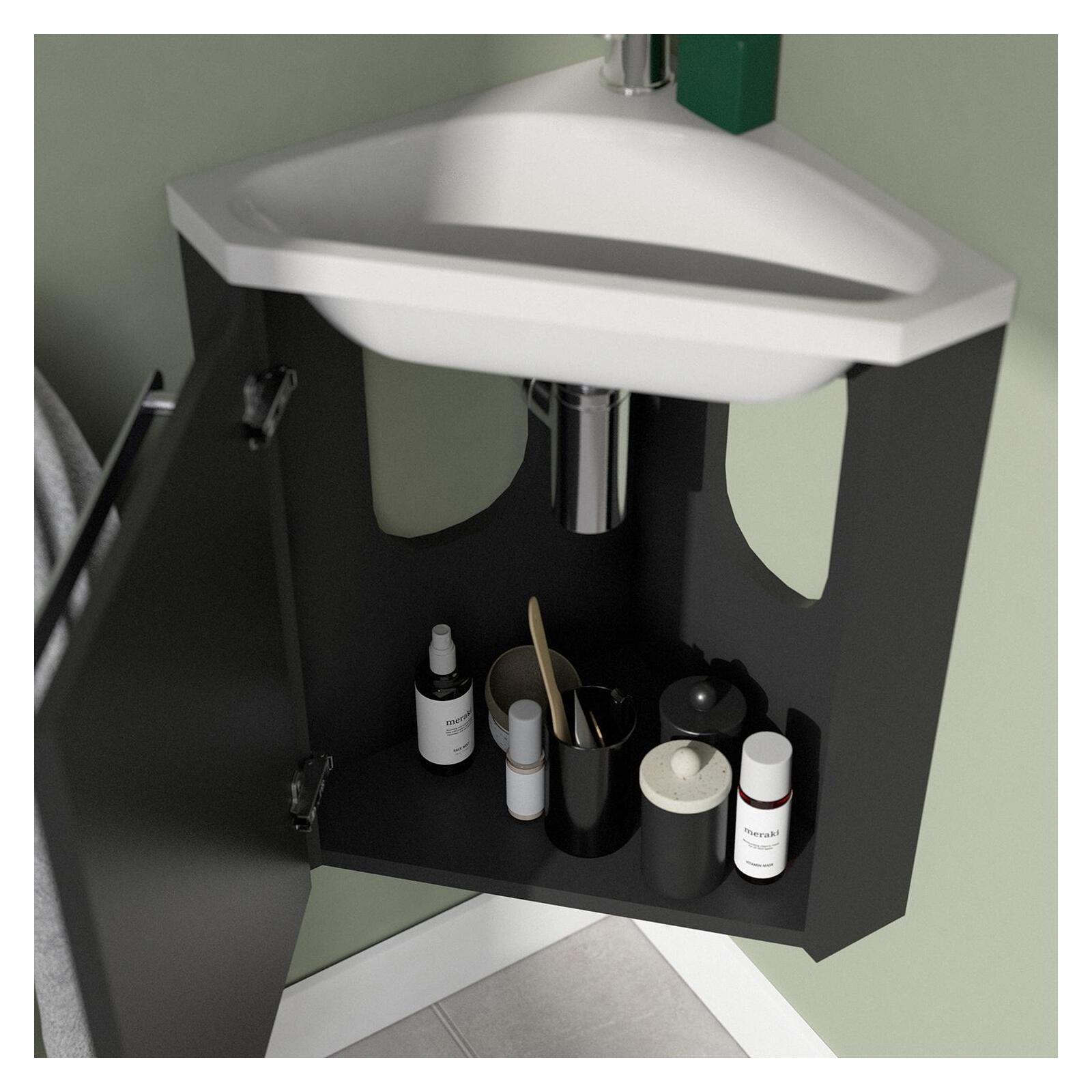 Ensemble lave-mains angle noir + vasque + robinet  + armoire toilette d'angle