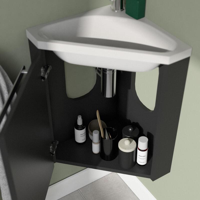 Ensemble lave-mains angle noir + vasque + robinet + armoire toilette d'angle
