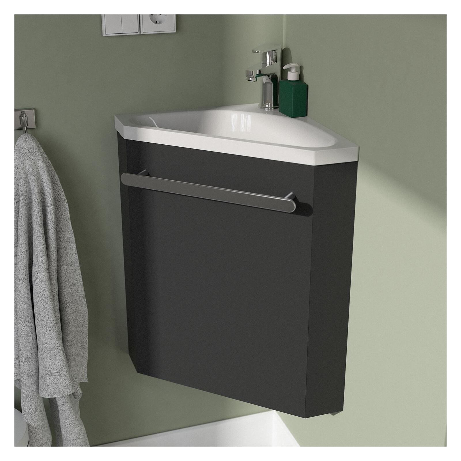 Ensemble lave-mains angle noir + vasque + robinet  + armoire toilette d'angle