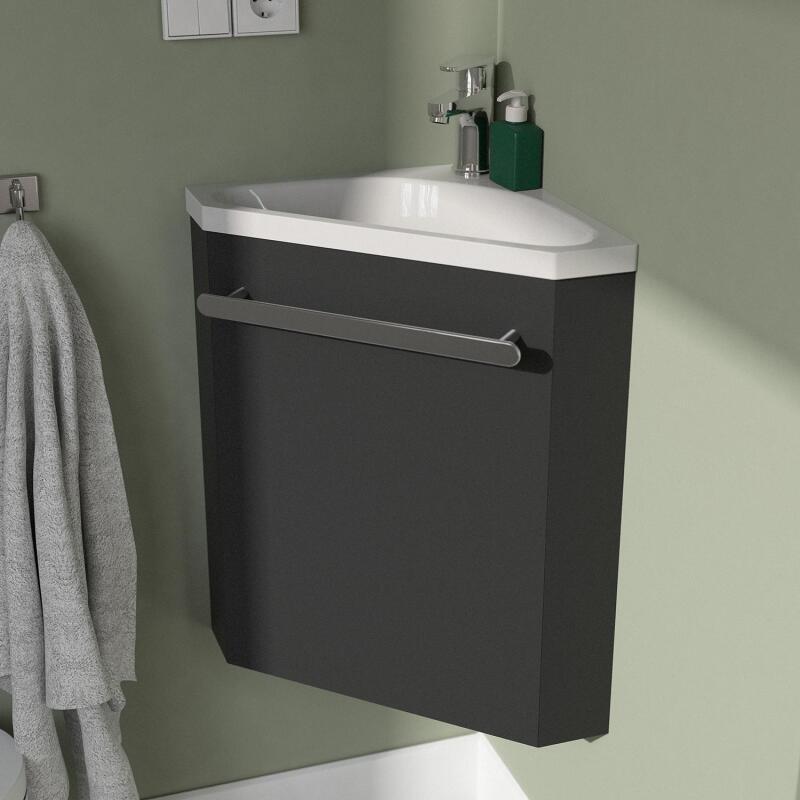 Ensemble lave-mains angle noir + vasque + robinet + armoire toilette d'angle