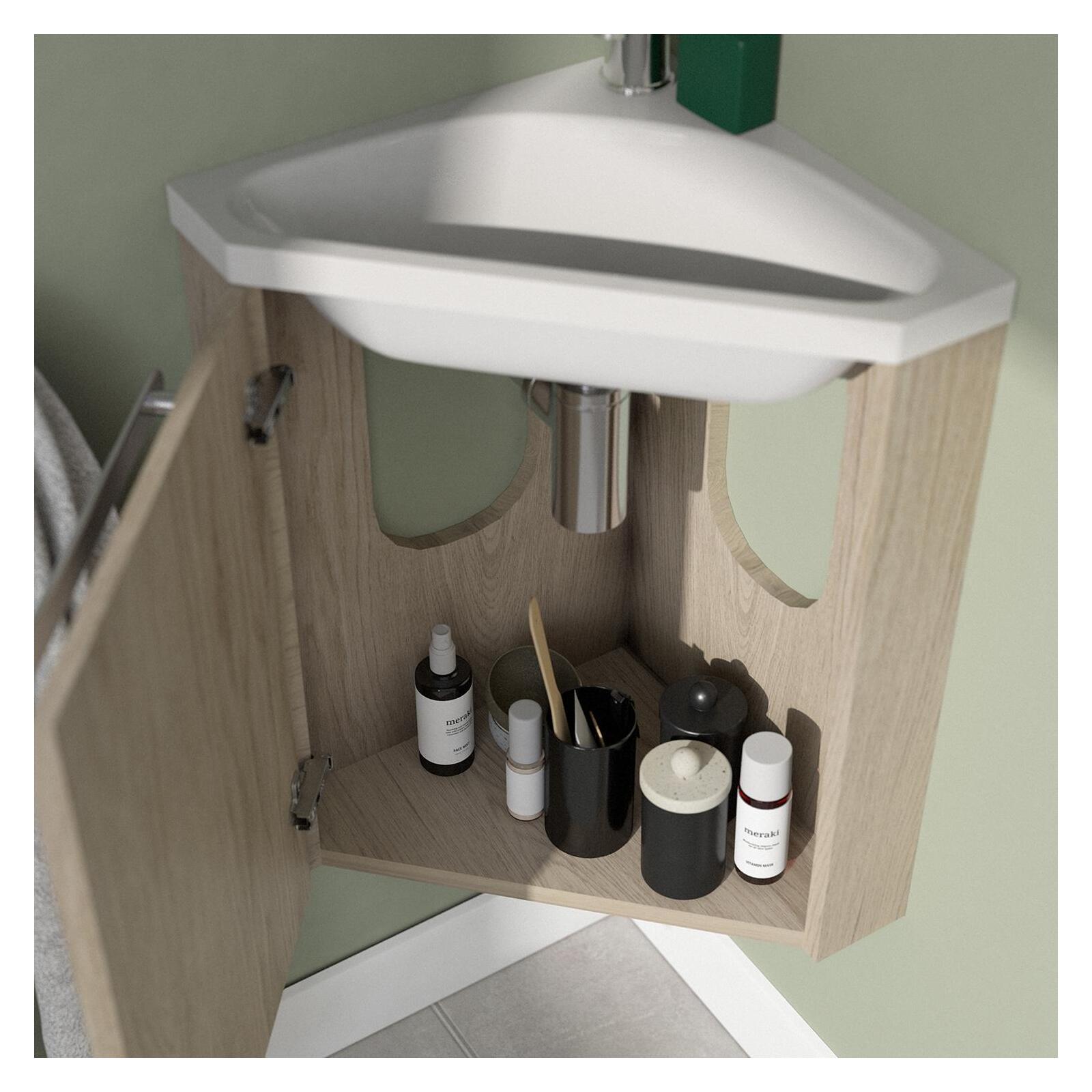 Ensemble lave-mains angle noir + vasque + robinet  + armoire toilette d'angle