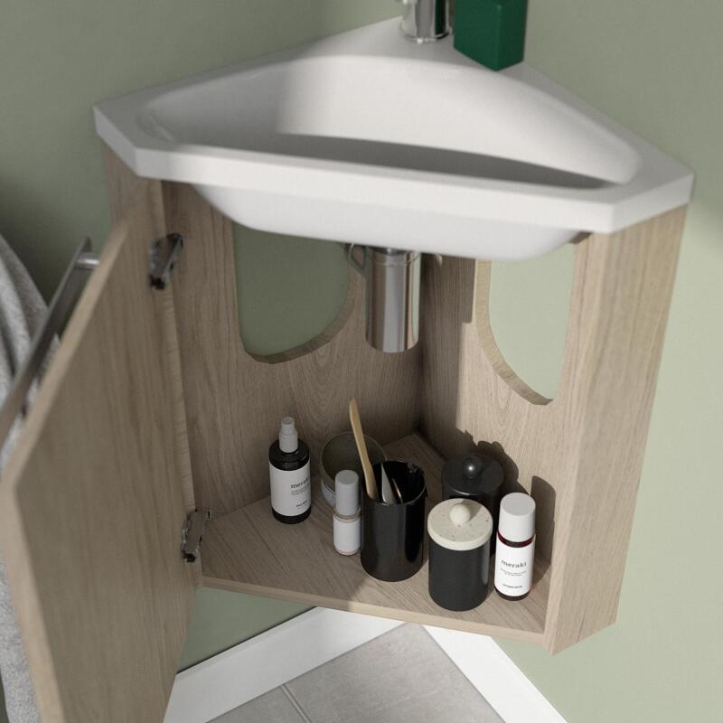 Ensemble lave-mains angle noir + vasque + robinet + armoire toilette d'angle