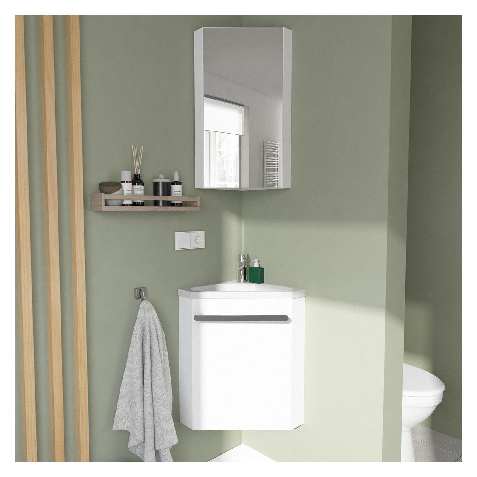 Ensemble lave-mains angle noir + vasque + robinet  + armoire toilette d'angle