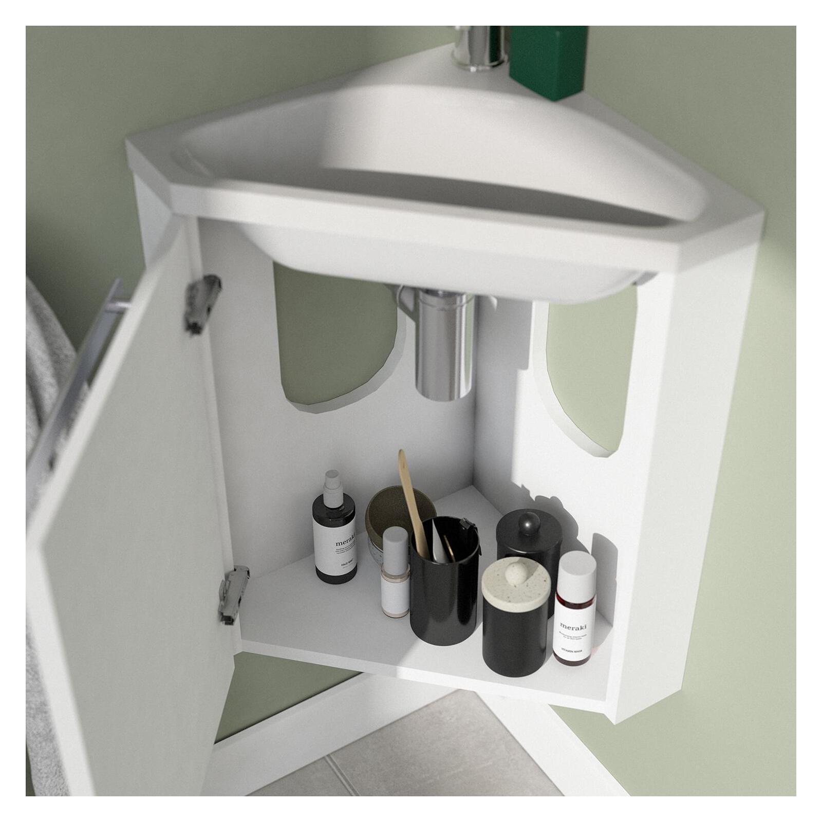 Ensemble lave-mains angle noir + vasque + robinet  + armoire toilette d'angle