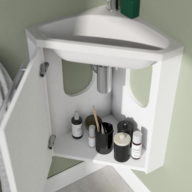 Ensemble lave-mains angle noir + vasque + robinet + armoire toilette d'angle