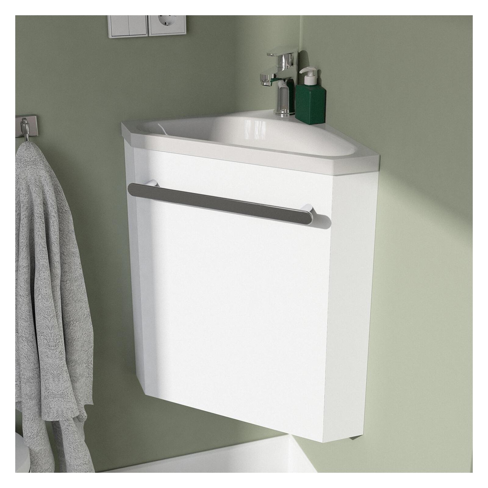 Ensemble lave-mains angle noir + vasque + robinet  + armoire toilette d'angle