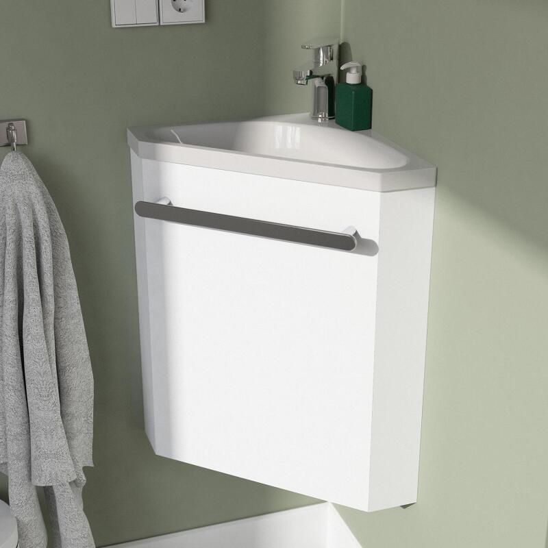 Ensemble lave-mains angle noir + vasque + robinet + armoire toilette d'angle