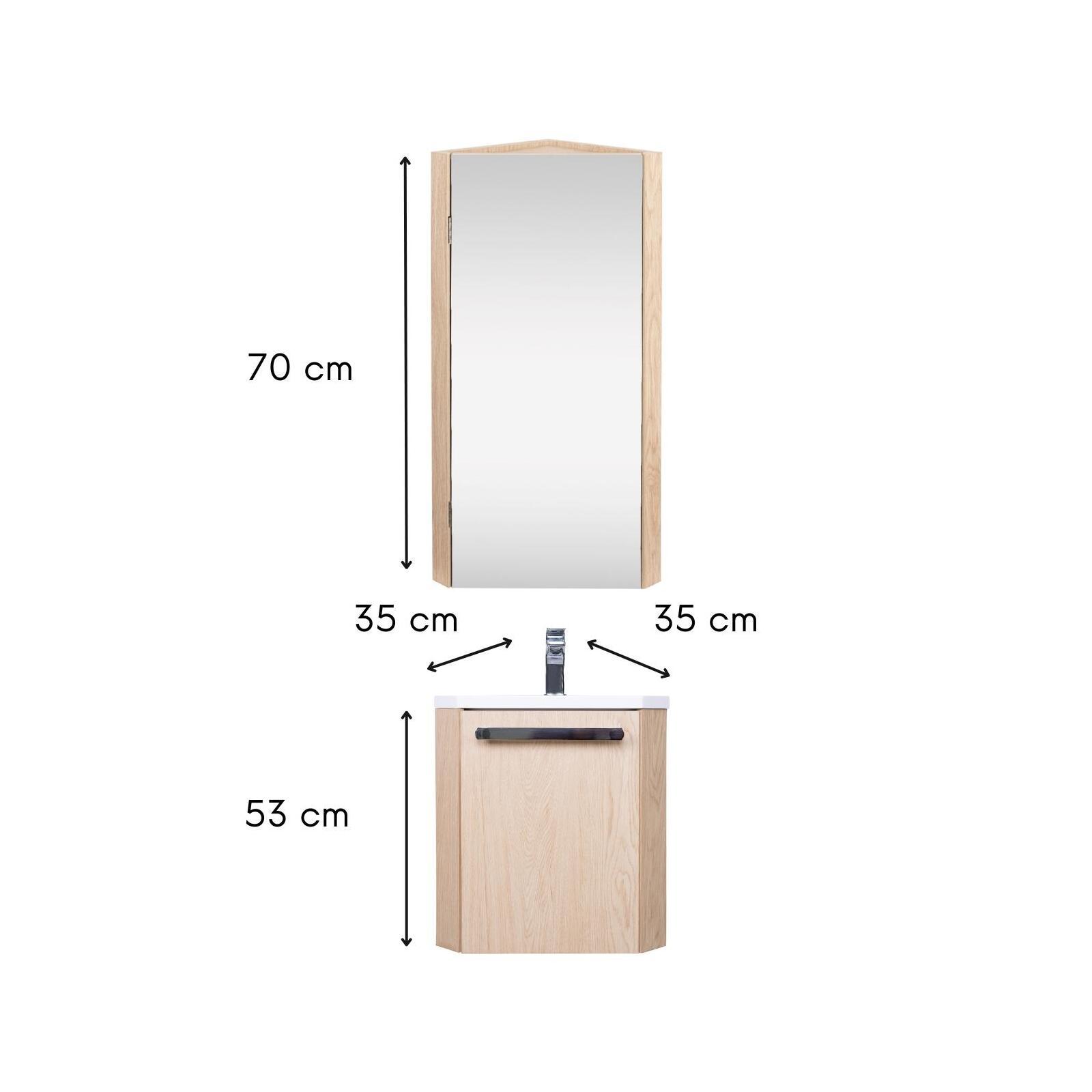 Ensemble lave-mains d'angle suspendu avec armoire d'angle décor chêne