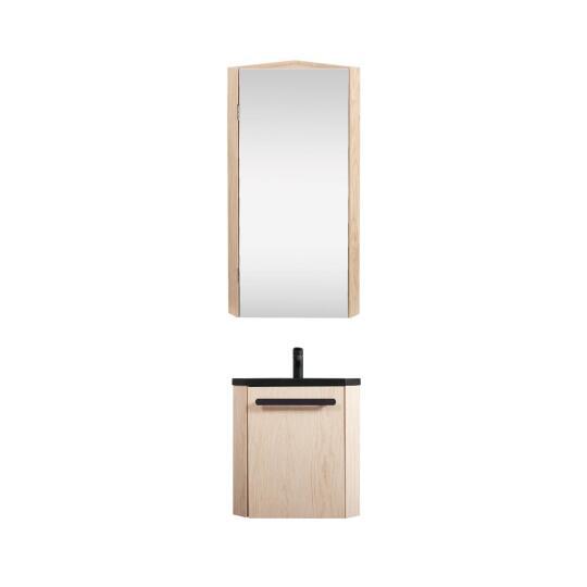 Ensemble lave-mains d'angle suspendu avec armoire d'angle décor chêne