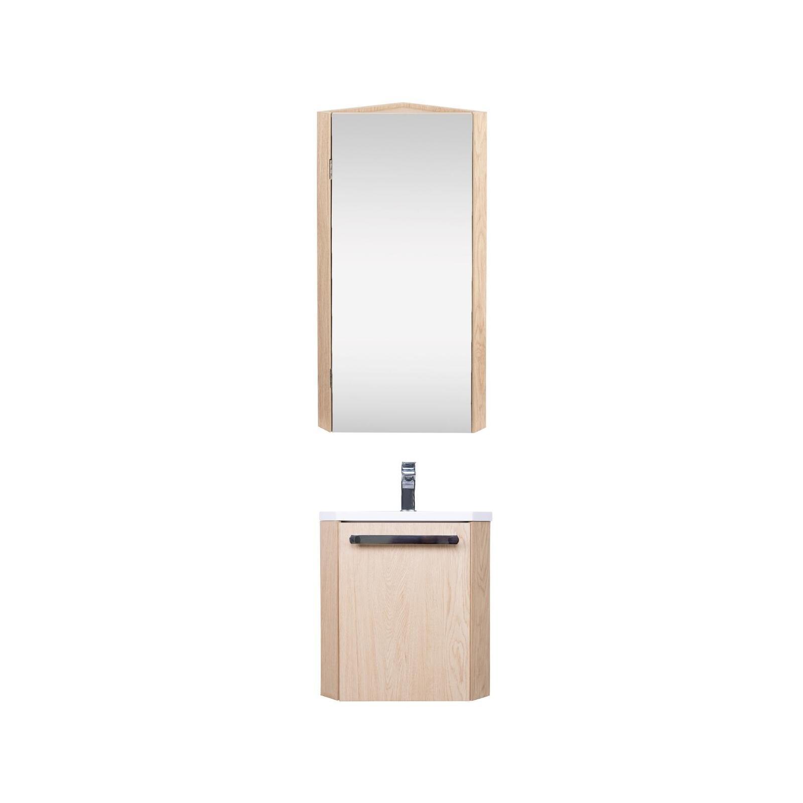 Ensemble lave-mains angle suspendu avec robinet et armoire d'angle décor chêne Ensemble lave-mains angle suspendu avec robinet et armoire d'angle décor chêne