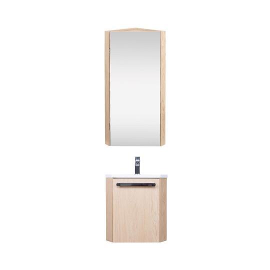 Ensemble lave-mains angle suspendu avec robinet et armoire d'angle décor chêne