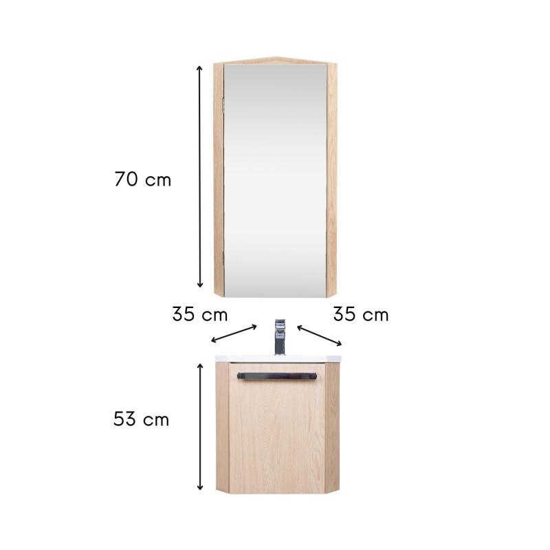 Ensemble lave-mains angle suspendu avec robinet et armoire d'angle décor chêne