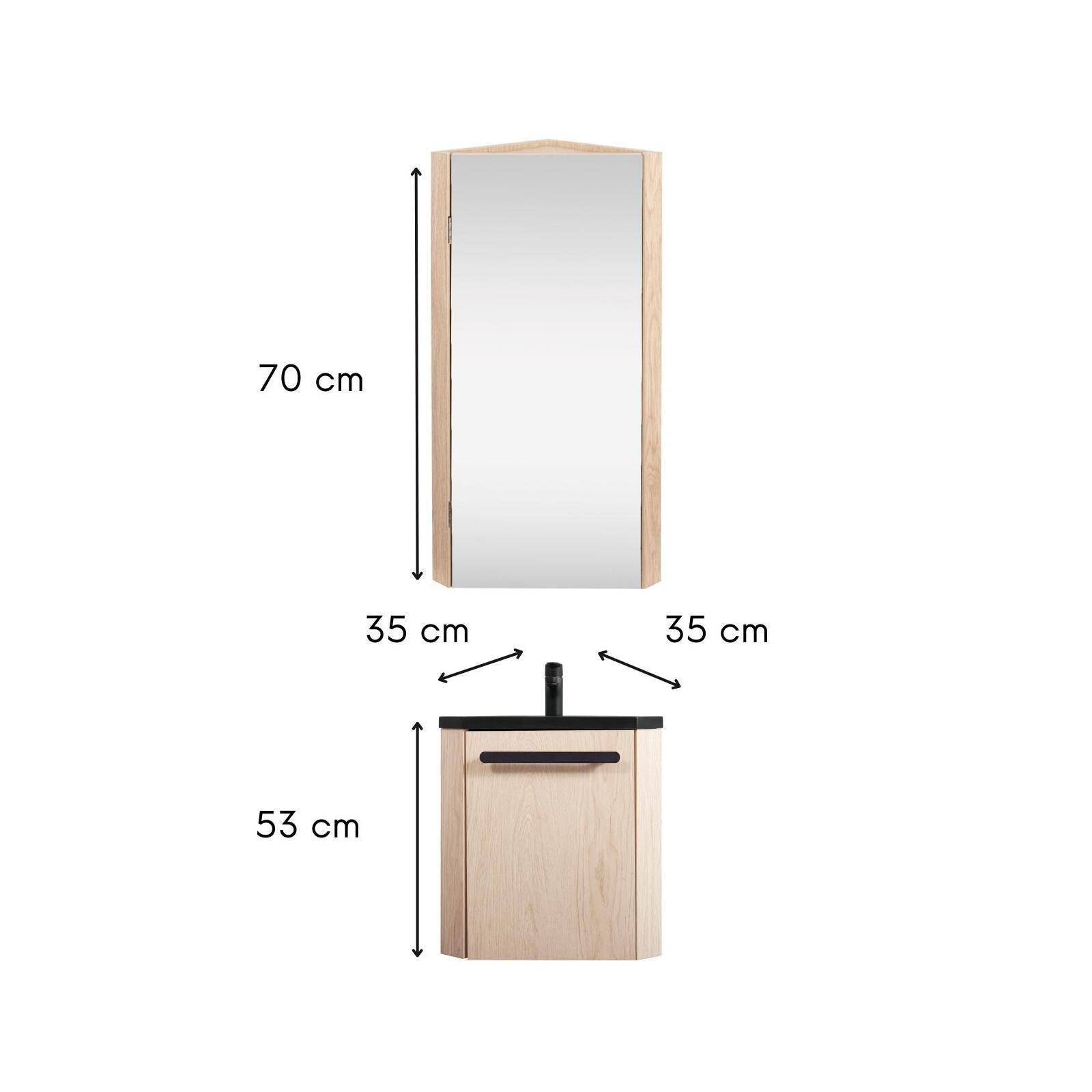 Ensemble lave-mains angle suspendu avec robinet et armoire d'angle décor chêne Ensemble lave-mains angle suspendu avec robinet et armoire d'angle décor chêne