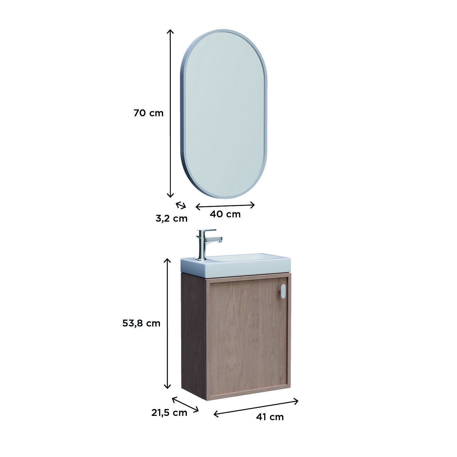 Ensemble lave-mains avec poignée chromée et miroir ovale blanc