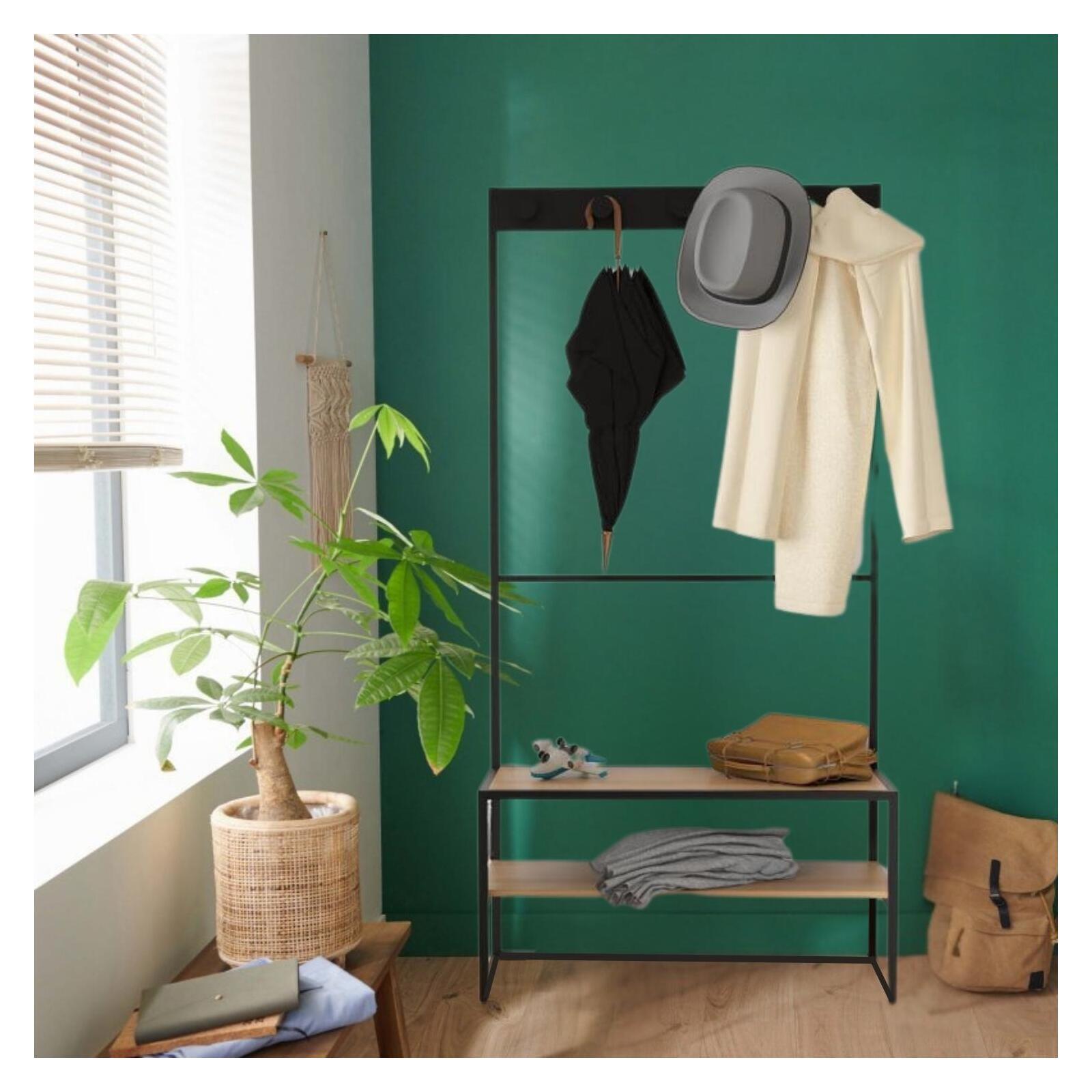 Portant d'entrée bois et métal noir 90x180cm - avec banc intégré