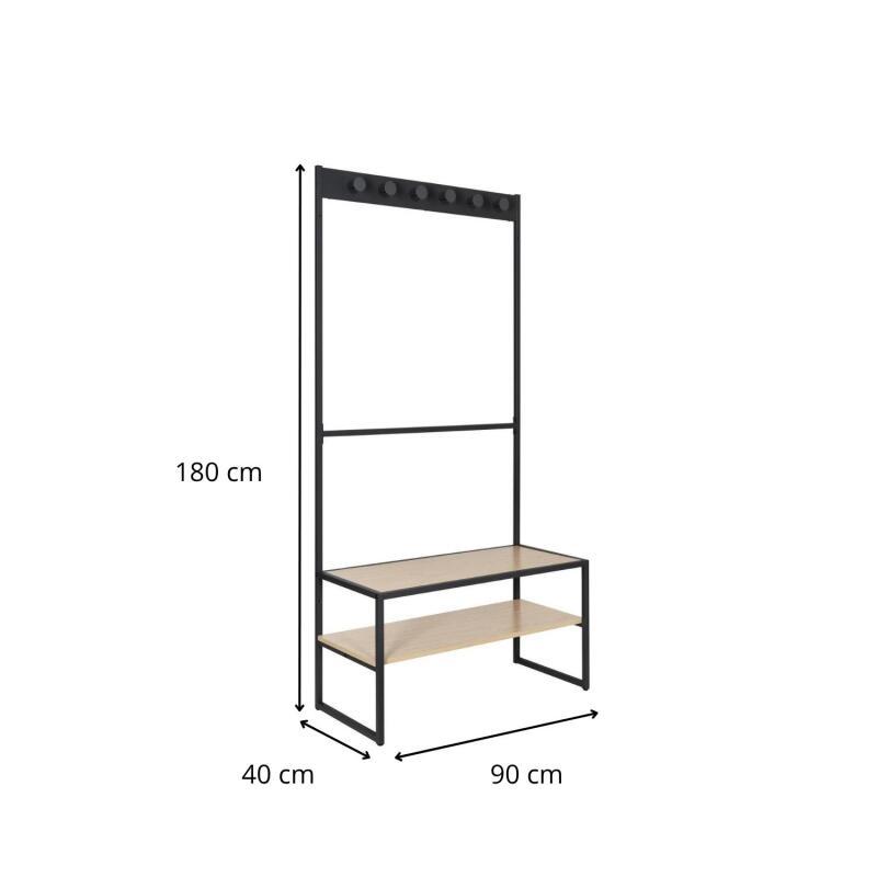 Portant d'entrée bois et métal noir 90x180cm - avec banc intégré