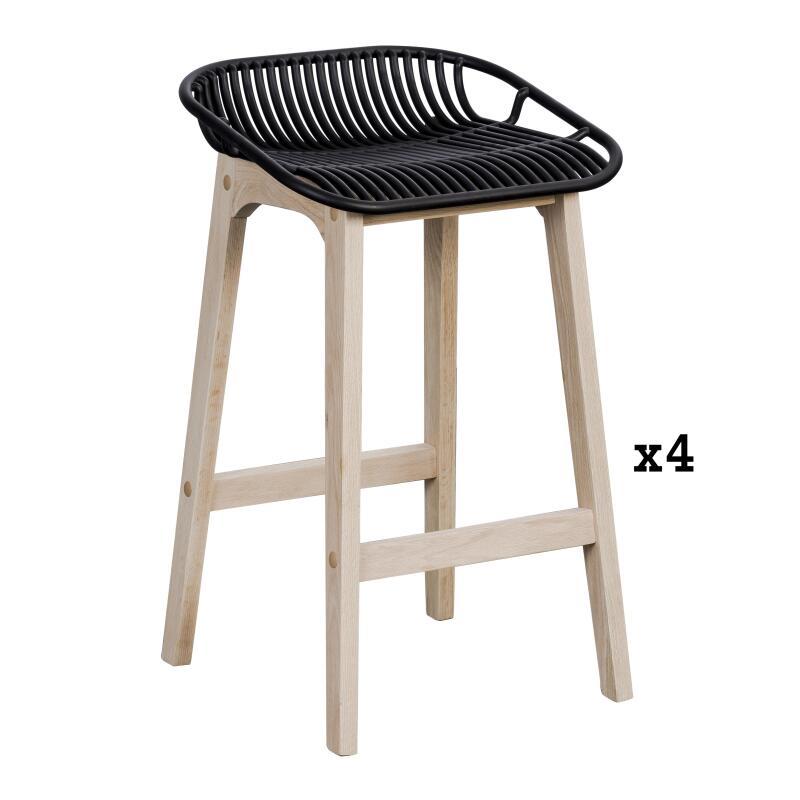 Lot de 2 tabourets d'ilot et bar 65 cm en chêne et assise noire