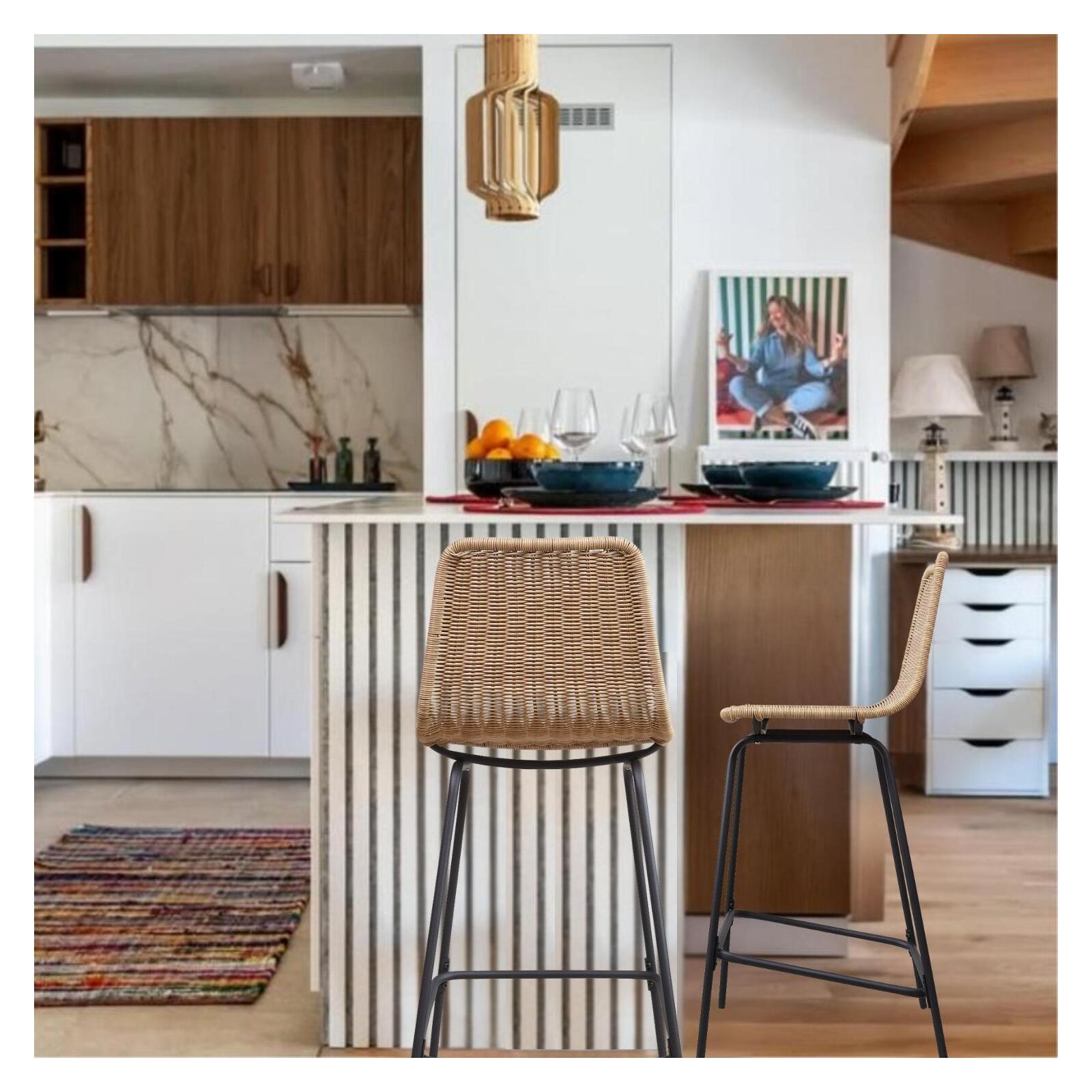 Lot de 2 tabourets d'ilot et bar 65 cm en métal et rotin synthétique