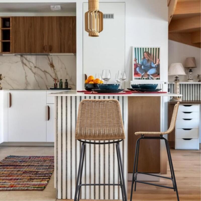 Lot de 2 tabourets d'ilot et bar 65 cm en métal et rotin synthétique