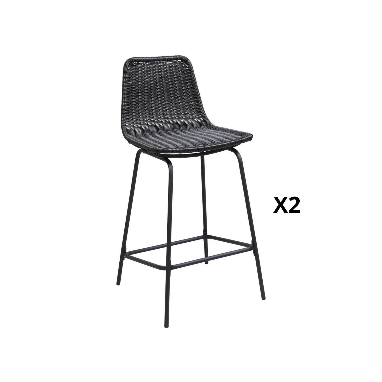 Lot de 2 tabourets d'ilot et bar 65 cm en métal et rotin synthétique