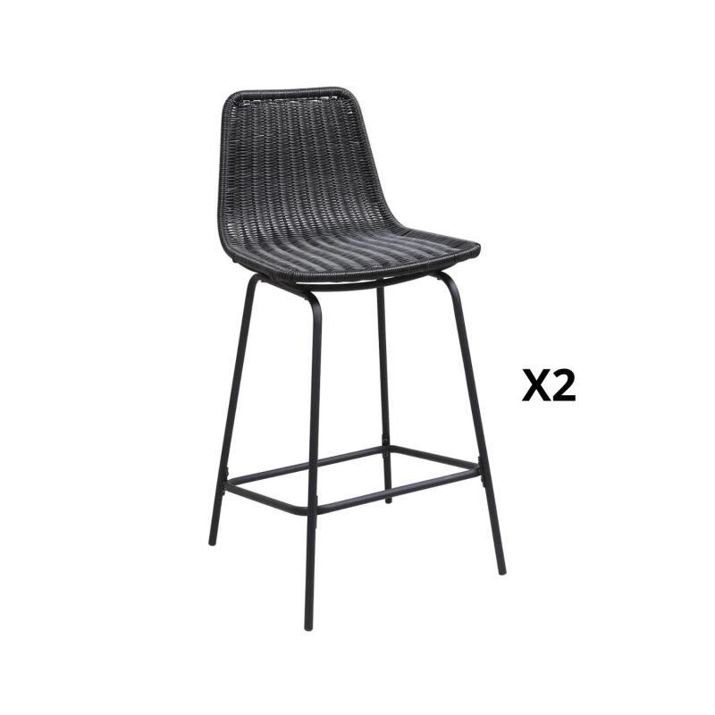 Lot de 2 tabourets d'ilot et bar 65 cm en métal et rotin synthétique