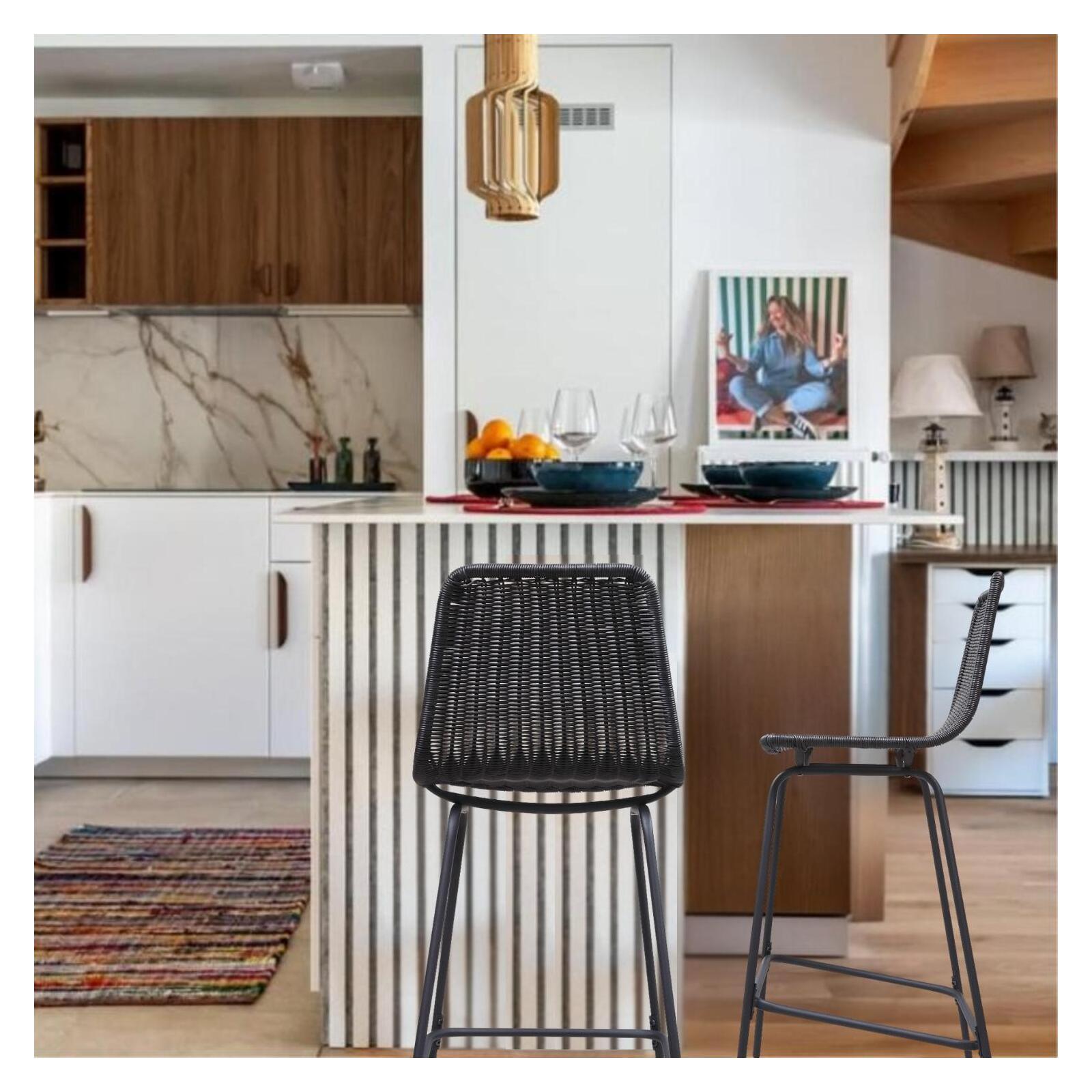 Lot de 2 tabourets d'ilot et bar 65 cm en métal et rotin synthétique