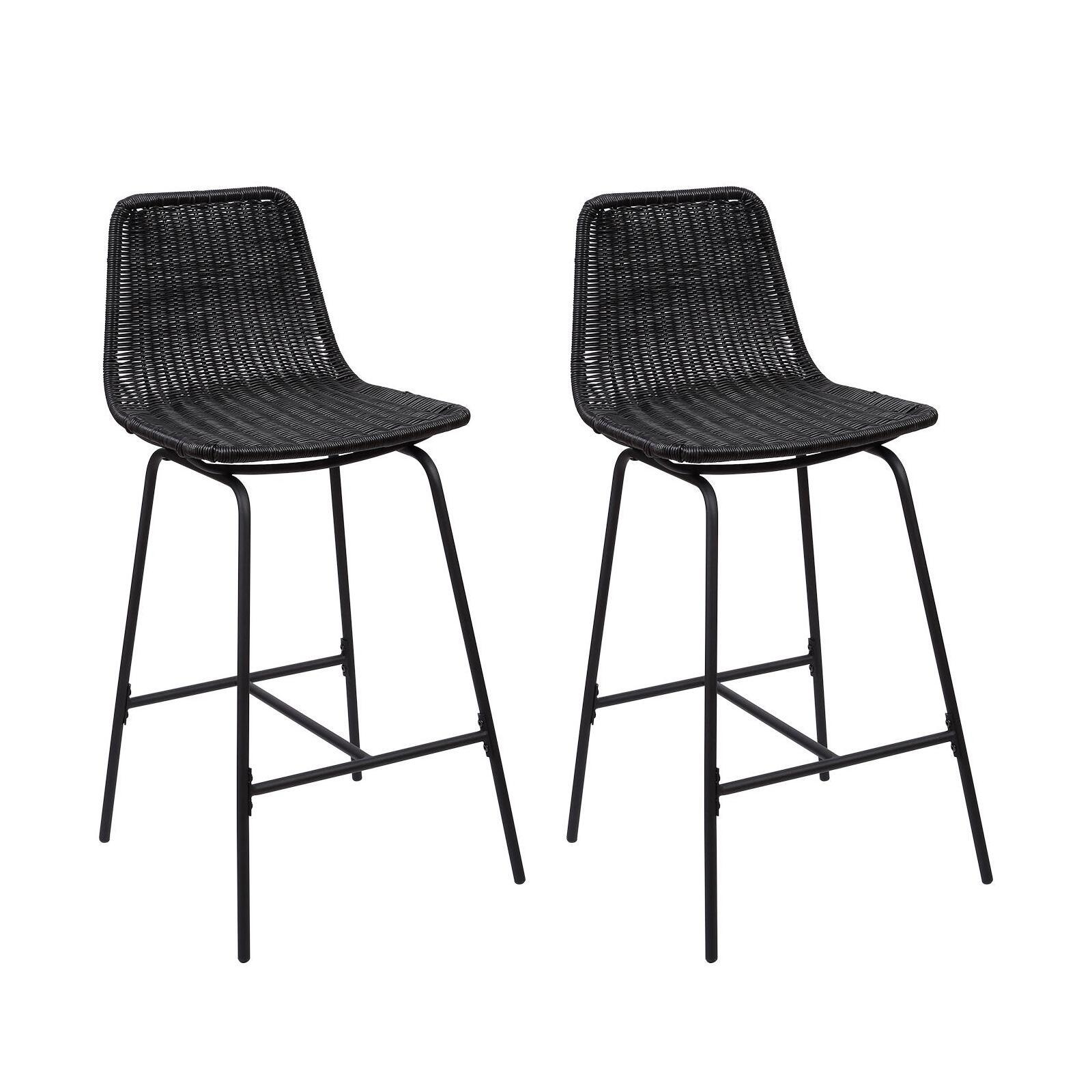 Lot de 2 tabourets de bar et d'ilot 65 cm en rotin synthétique noir et métal