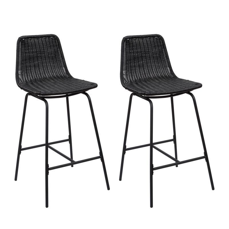 Lot de 2 tabourets de bar et d'ilot 65 cm en rotin synthétique noir et métal