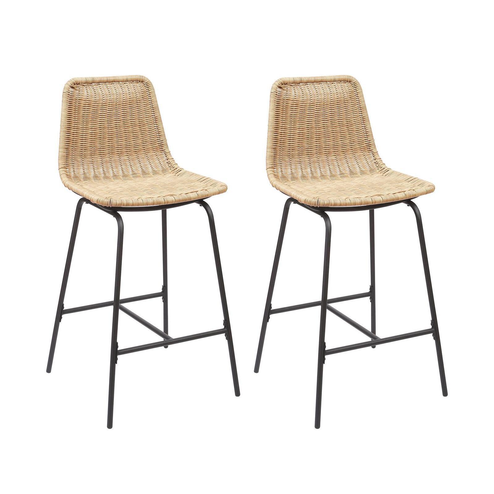Lot de 2 tabourets de bar et d'ilot 65 cm en rotin synthétique noir et métal
