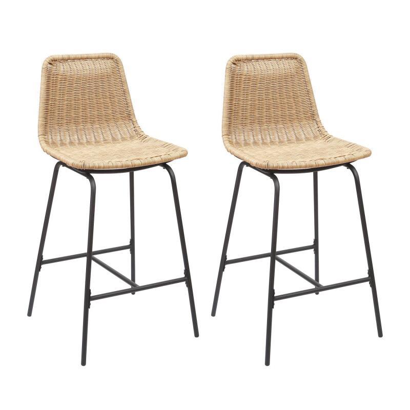 Lot de 2 tabourets de bar et d'ilot 65 cm en rotin synthétique noir et métal