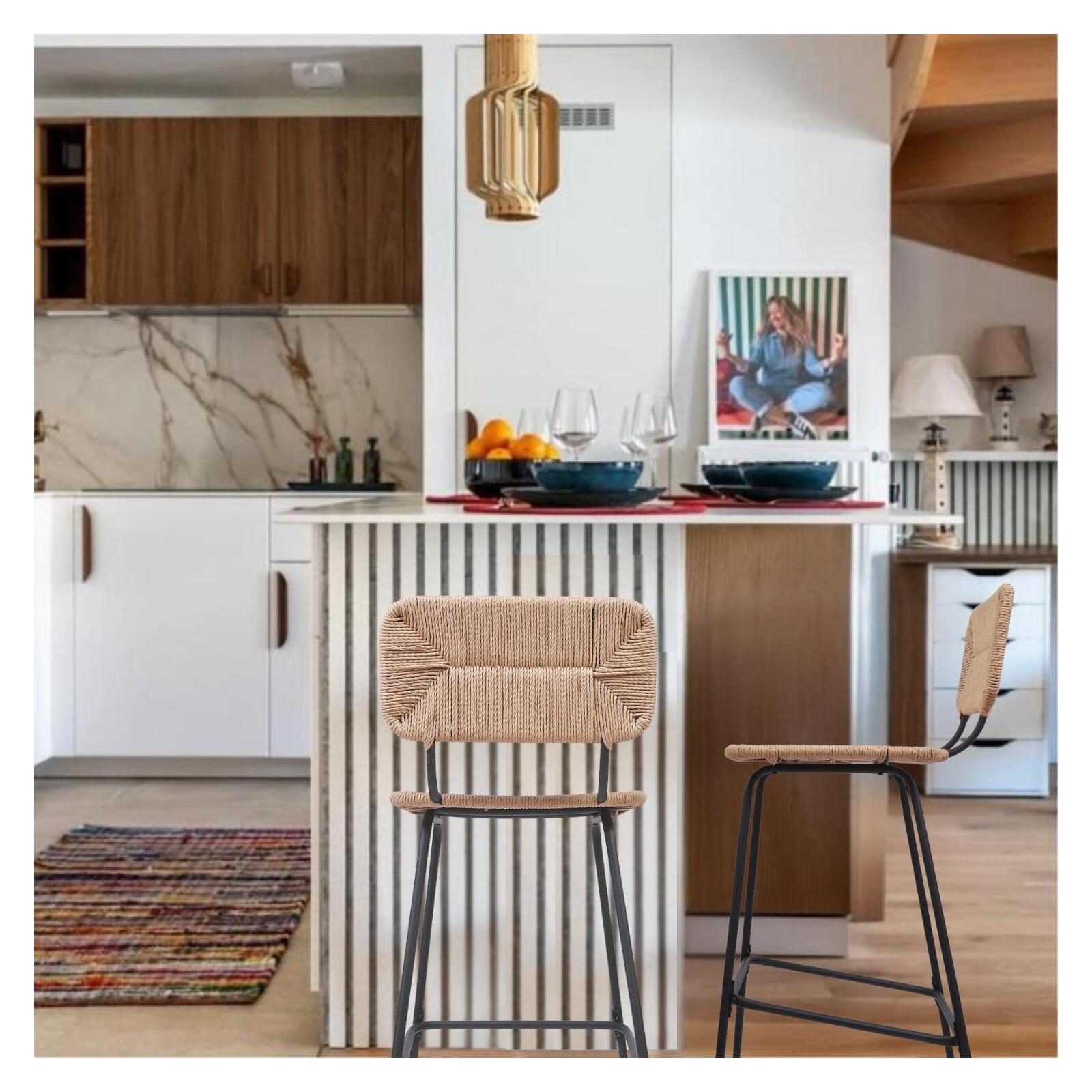 Lot de 2 tabourets d'ilot et bar 65 cm en rotin synthétique et métal