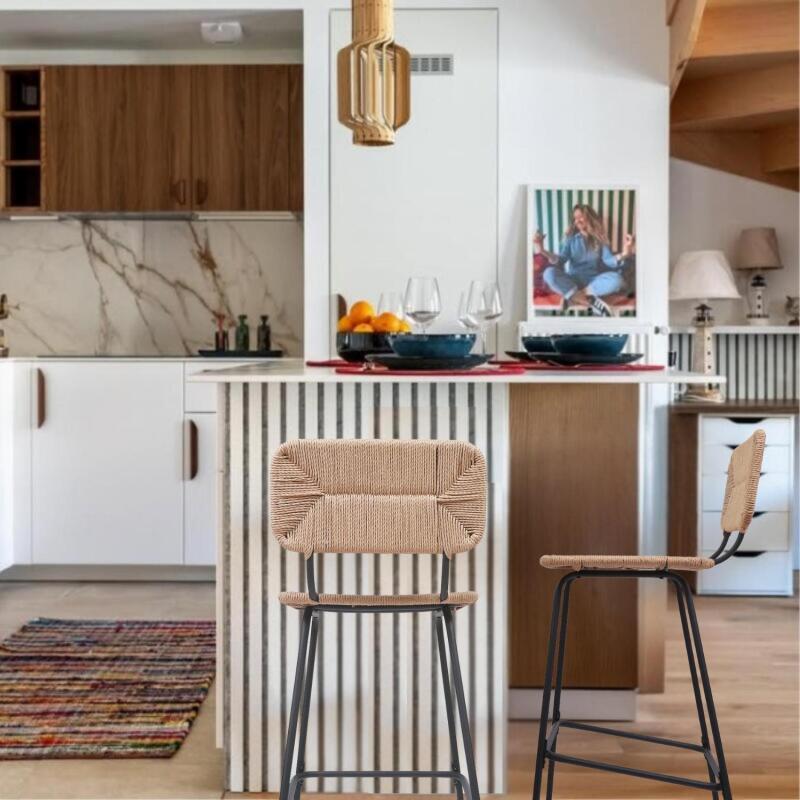 Lot de 2 tabourets d'ilot et bar 65 cm en rotin synthétique et métal