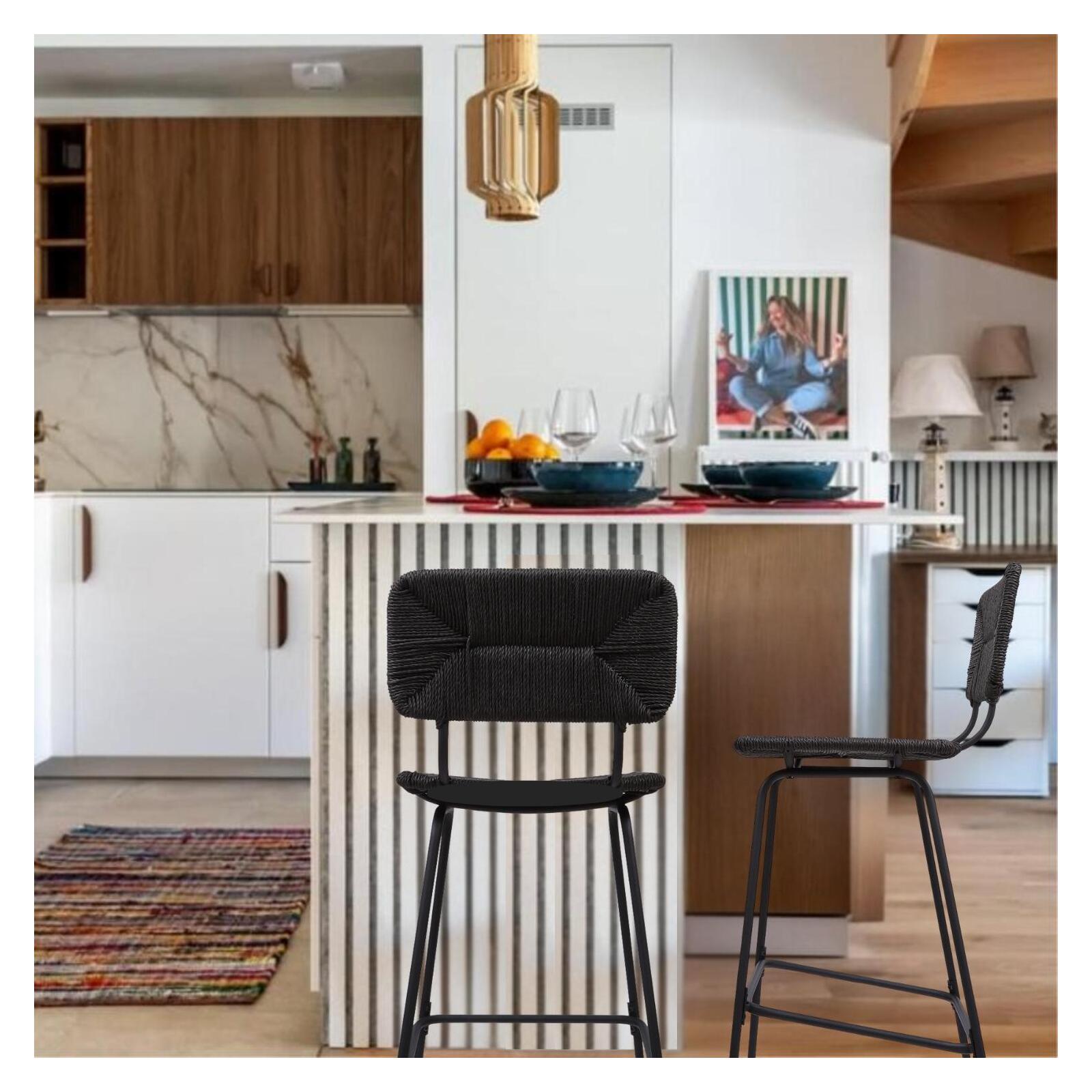 Lot de 2 tabourets d'ilot et bar 65 cm en rotin synthétique et métal