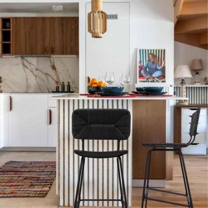 Lot de 2 tabourets de bar et d'ilot 65 cm en rotin synthétique et métal