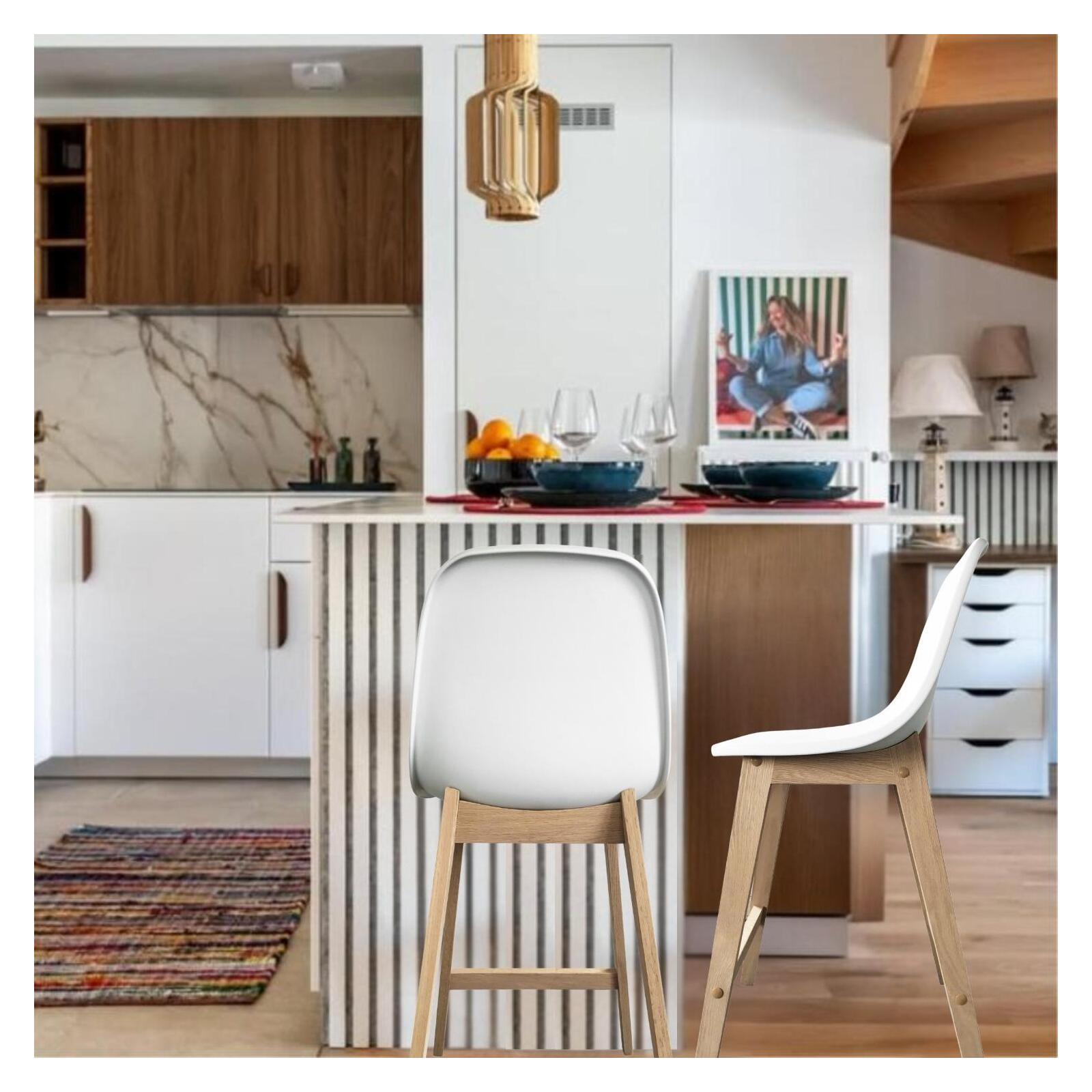 Lot de 2 chaises d'ilot et bar 65 cm en chêne et assise blanche