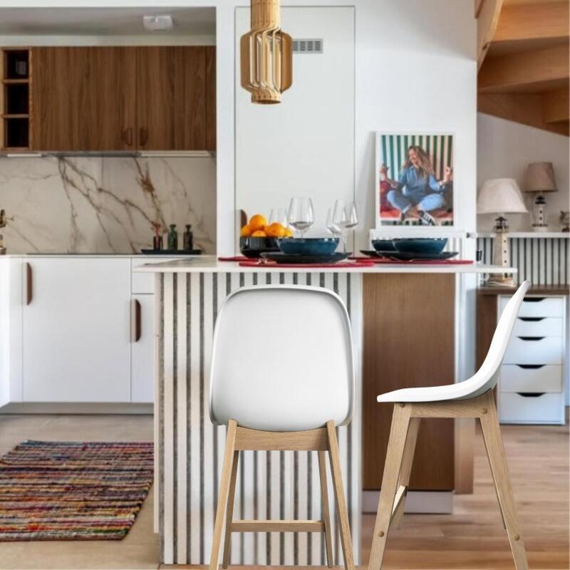 Lot de 2 chaises d'ilot et bar 65 cm en chêne et assise blanche